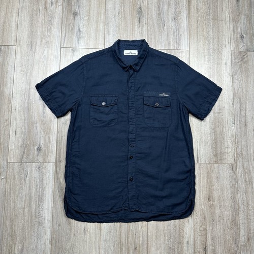 Stone Island Button Down Shirt Linen Navy Mens Size XL (Fits L-M)