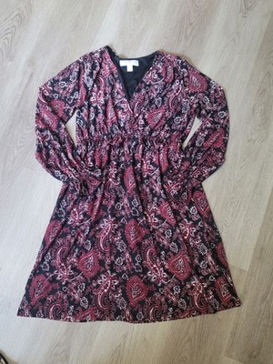 Michael Kors Red Black Paisley Faux Wrap V-Neck Textured Dress S Smocked Cuff