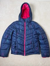 So Girls Puffer Jacket 10/12 Navy Pink Hooded Unicorn Star Print Winter Coat