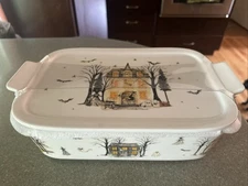 Potters Studio 2 Pc Set Halloween Dinner Serving Dish  Haunted House Ghost RARE!