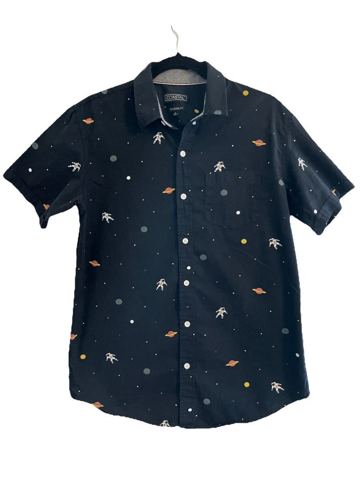 Men's Button Shirt Black Modern Fit Space Astronaut Planets Size Small FREESHIP - Image 2 of 4
