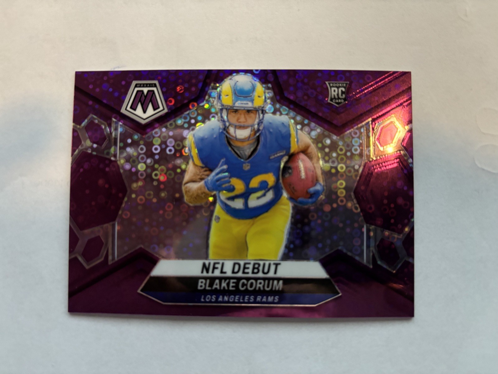 2024 Panini Mosaic Blake Corum NFL Debut No Huddle Purple Prizm #/50 Rams
