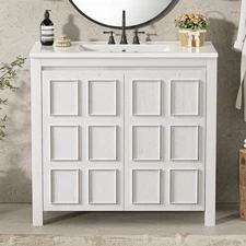 36 " Bathroom Storage Cabinet, Vanity Organizer with Ceramic Sink, White