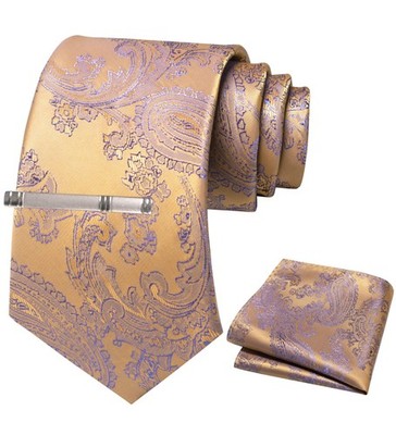 Men's paisley tie set with tie clip and pocket square, light oak...