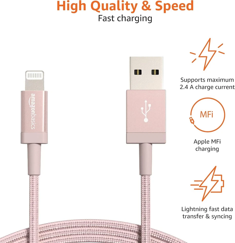 10-PACK Amazon Basics Braided Lightning Rose Gold Charging Cable MFi-Certified - Image 3 of 4