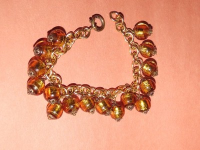 EARLY 1900s GABLONZ 24KT FOIL FIRE OPAL GLASS BEADED CHARMS BRACELET BOHEMIAN