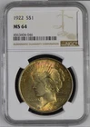 Rare 1922 $1 Peace Dollar Toned Silver Coin NGC MS64