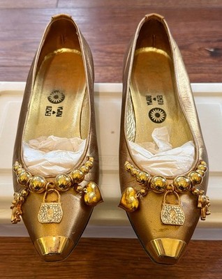 Vintage Enzo Roma Gold Metallic Charm Ballet Flats Italy Sz 37 Square Toe