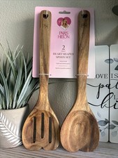 NWT Paris Hilton Set 2 Heart Shaped Acacia Wood Solid  Slotted Spoons RARE HTF