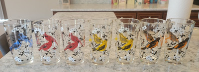 New Vintage Cardinal Blue Jay Goldfinch Oriole Bird Dogwood Tree Glass Lot of 7