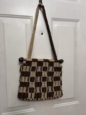 Vtg 70's Macrame and Wood Hand Bag Crochet Woven Brown Cream Boho Hippie 11x12x1