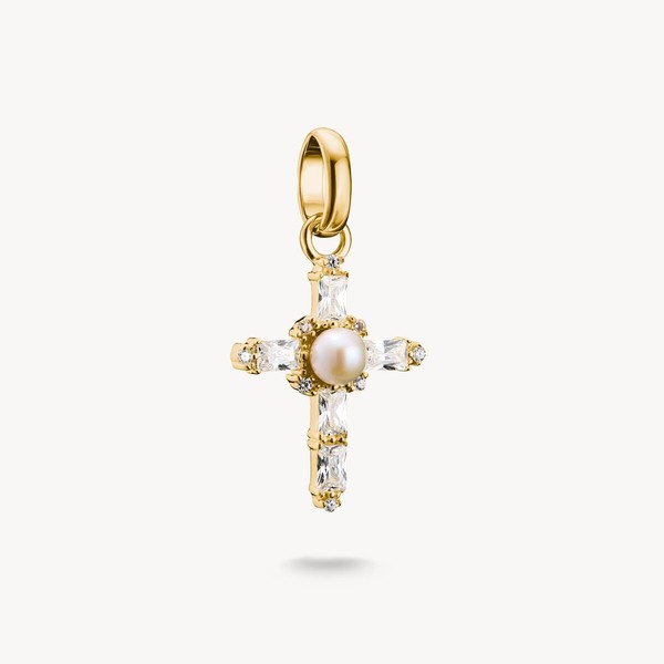 Thomas Sabo Charm AnhäNger Kreuz 925 Silber Vergoldet WeißE Steine CC1287-445-14-image
