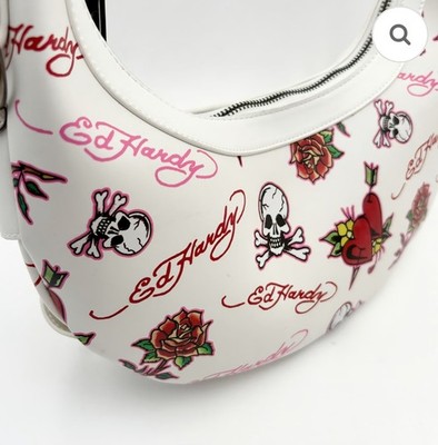 Ed Hardy White Skull Rose Tattoo Hobo Shoulder Bag Purse