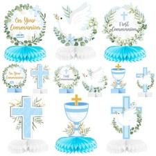12 Pcs Blue Baptism First Communion Honeycomb Centerpieces Cross Religious