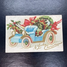 Christmas Postcard Automobile Filled with Holly Wreaths A Lucky Christmas
