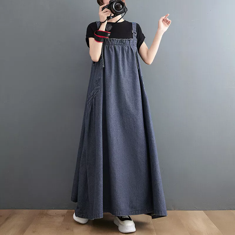 UK Womens Casual Strap Denim Pinafore Dress Long Maxi Dungaree Dresses Plus  Size