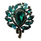 Floral Pendant Pin Gold Tone Large Emerald Green Ab Crystal Brooch