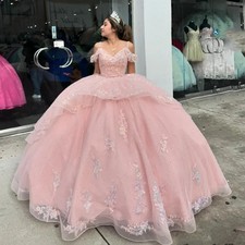 Pink Shiny Quinceanera Dresses Ball Gown Off Shoulder Applique Sweet 16 Dress