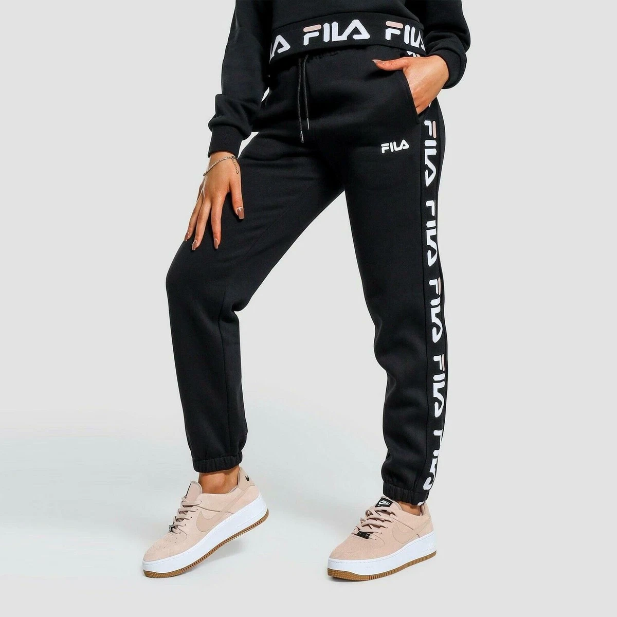 Fila Jacquard Tape Black Womens Joggers Gym Running Teens Track Pants Size  4-14