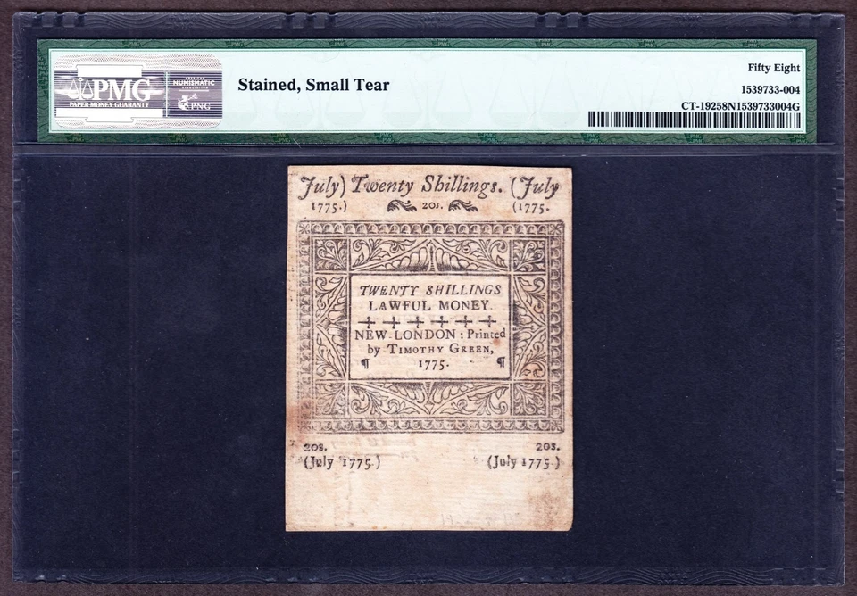 US 20s Connecticut Colonial Currency 07/01/1775 FR CT192  PMG 58 Ch AU Net(-188) - Image 2 of 2