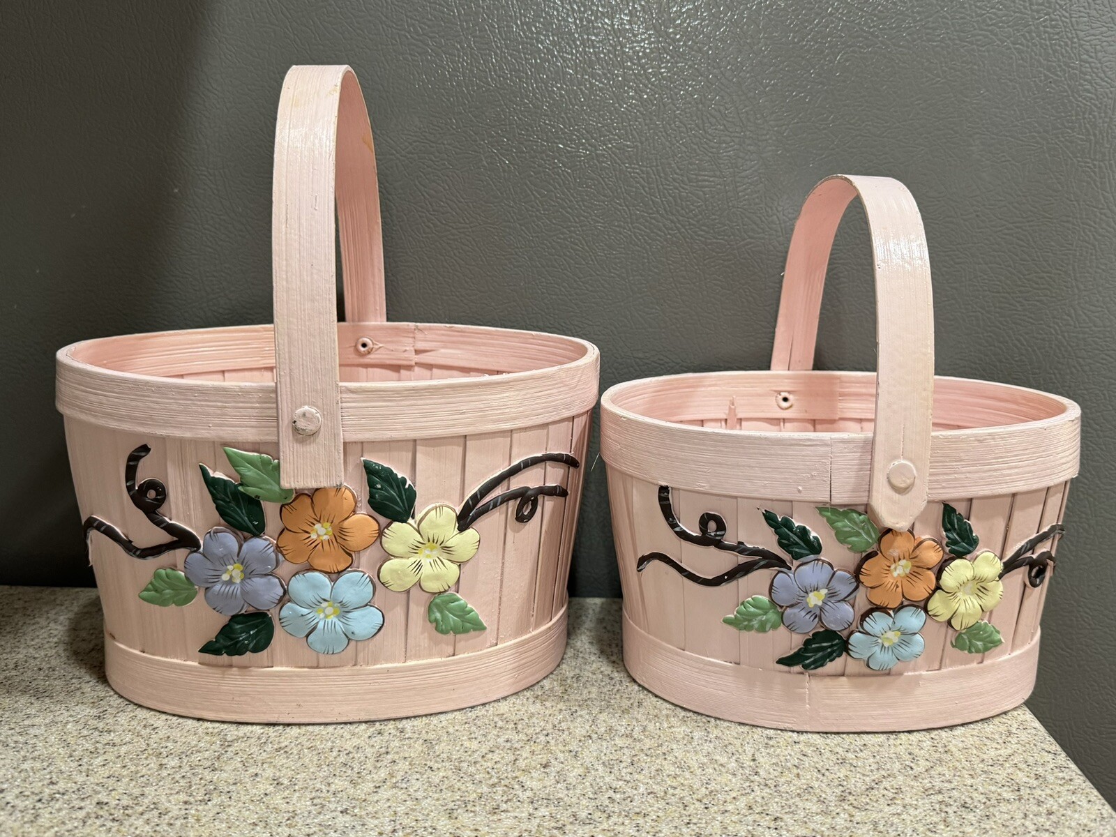 2 Vintage Wood Painted Pink Baskets Textured Flowers Handles 7.5” 8.5” Wide VGC