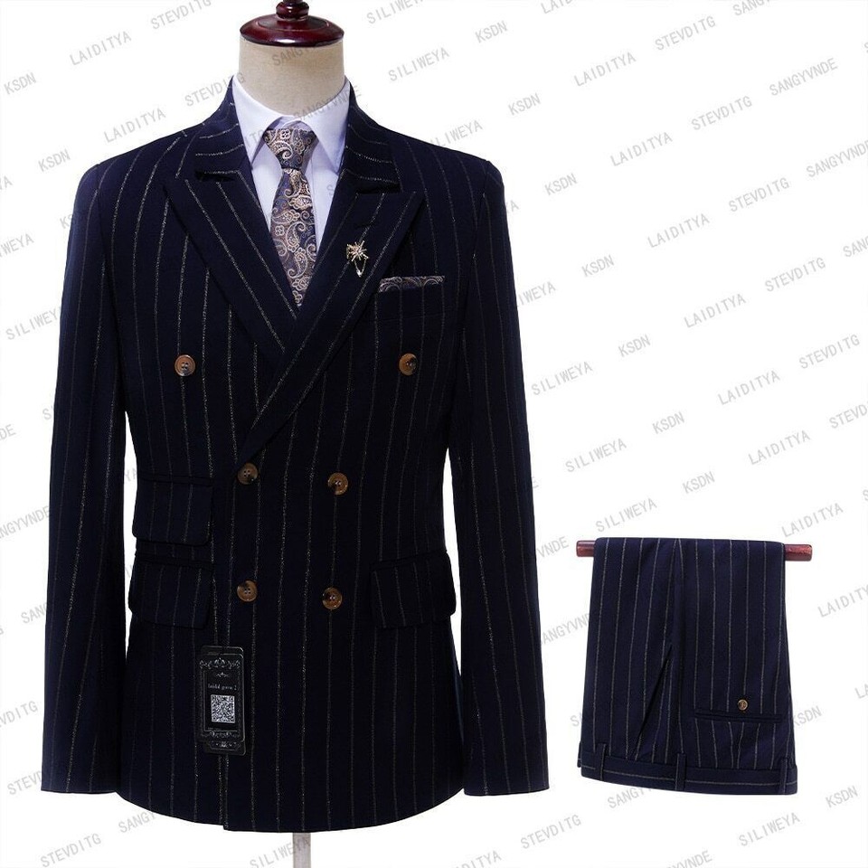 Blazer Sets Double Breasted Suits Coat Pant Slim Vertical Tuxedo