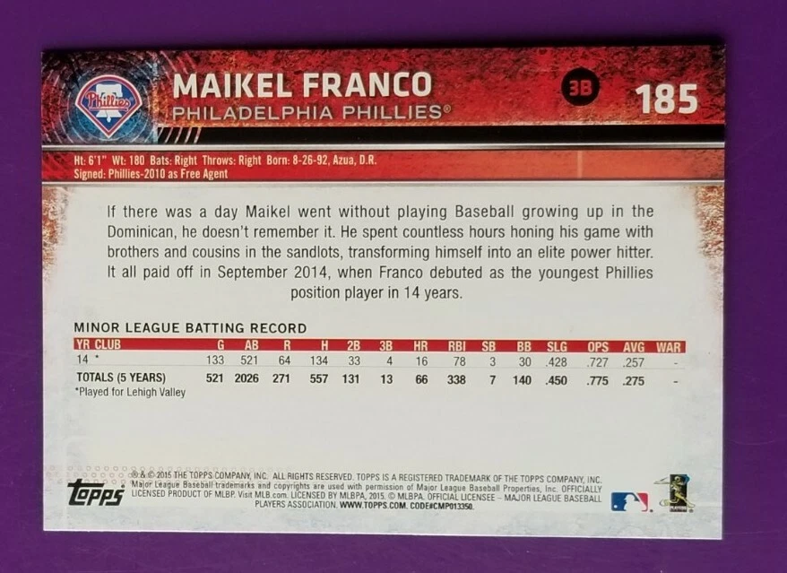 2015 Topps Opening Day RC #185 Maikel Franco Philadelphia Phillies ROOKIE - Image 3 of 3