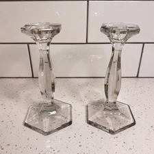 Set of 2 Elegant Clear Glass Hexagon Base Candle Holders Pair Home Decor