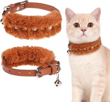 Leather Cat Collar for Girl Boy Cats,Brown Plush Pearl Rivet Adjustable Pet