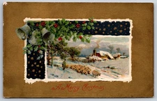 Holiday~Merry Christmas~Sheep Herd~Winter~House~Stars~Bells~Holly~c1910 Postcard