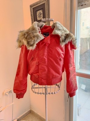 Alpha Industries Womens orange Y2K Bomber Jacket Convertible Zip fur Hood NWT M