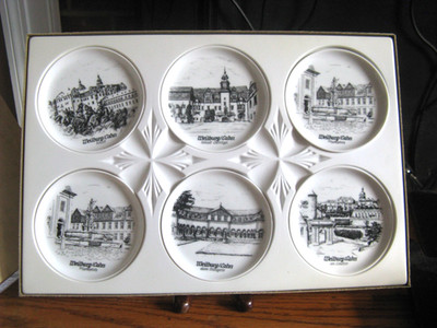 AK Kaiser W. Germany Set of 6 Porcelain 4'' Black & White Round Dish/Coasters NIB