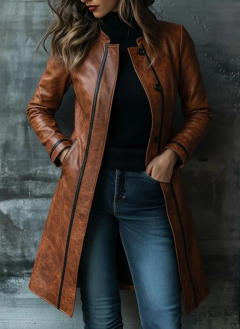 Women's Distressed Brown Lambskin Leather Trench Coat Black Trim Mid-Length Coat