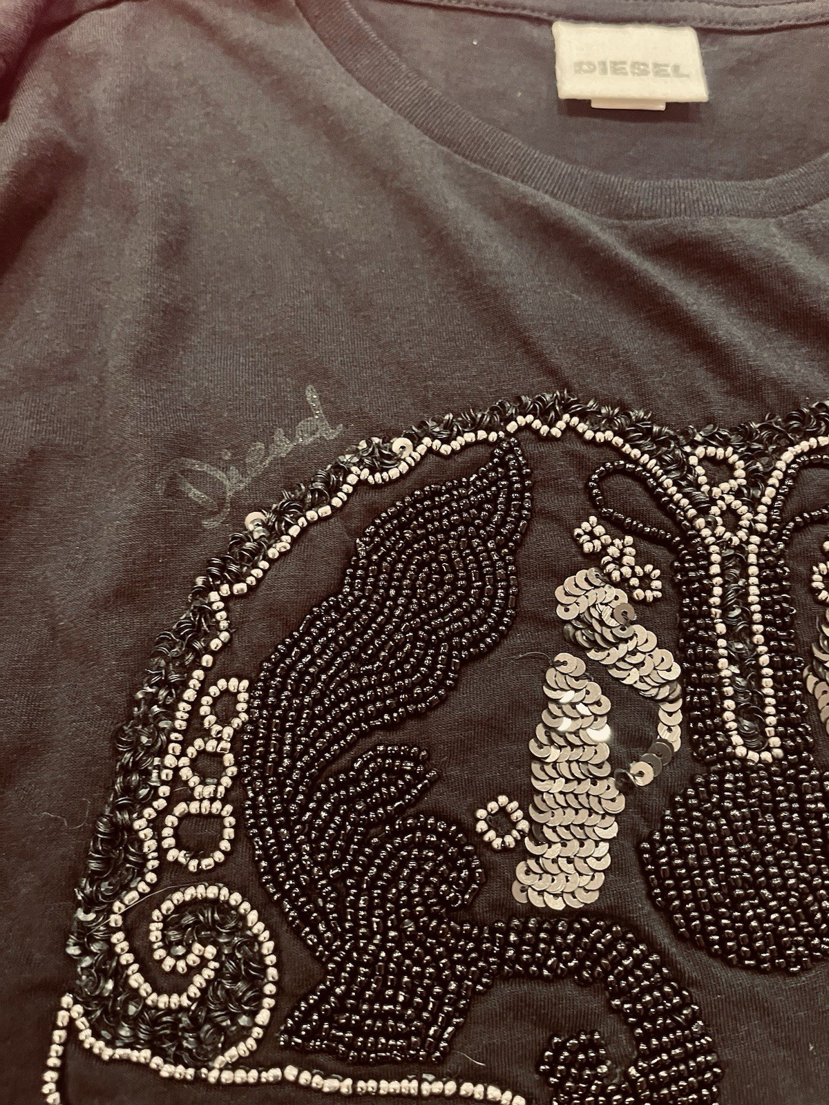 RARE DIESEL KIDS Girls Black Beaded & Sequin Skull Shirt - Size 12 image 4