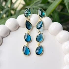 Long London Blue Quartz Gold Plated Bezel Setting Statement Earring Gift For Her