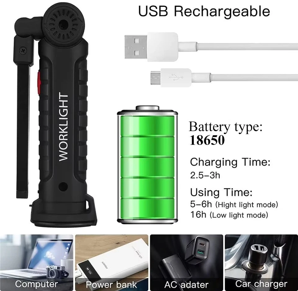 Rechargeable LED COB Work Light Mechanic Flashlight Lamp Magnetic Base Bright - Image 4 of 4