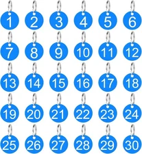 Mozeat Lens 30 Pack 1-30 Plastic Numbers Tags with Key Rings, 1.38 inch, Blue 