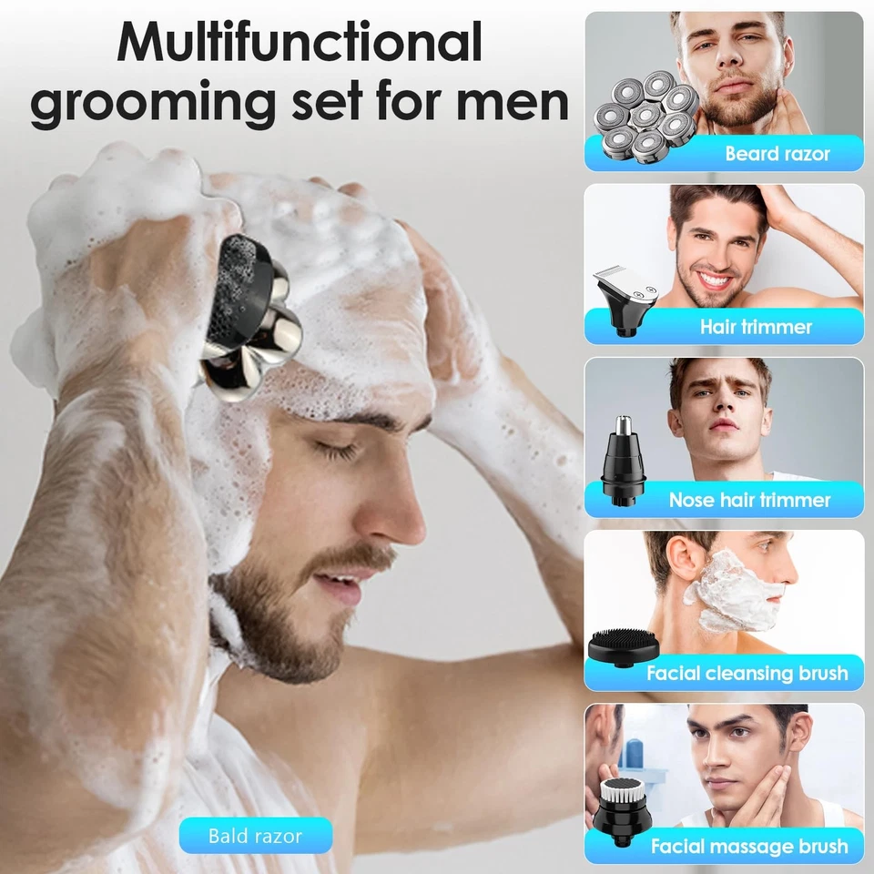 ✅Rasoio Elettrico Testa Calva Uomo 5in1 Tagliacapelli Senza Fili 8 Testine Barba - Immagine 3 di 4