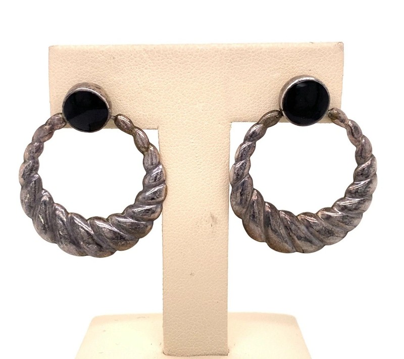 Estate Sterling Silver & Black Onyx Rope Design Earrings – Post And Stamped