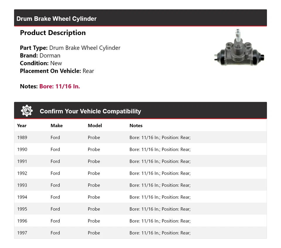 Cilindro trasero de rueda de freno de tambor Ford Probe Dorman 1989-1997 1990 1991 1992 Foto 2 de 3