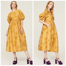 RHODE Ruth Dress Gold Brocade Jacquard Midi Puff Sleeve Yellow - MEDIUM