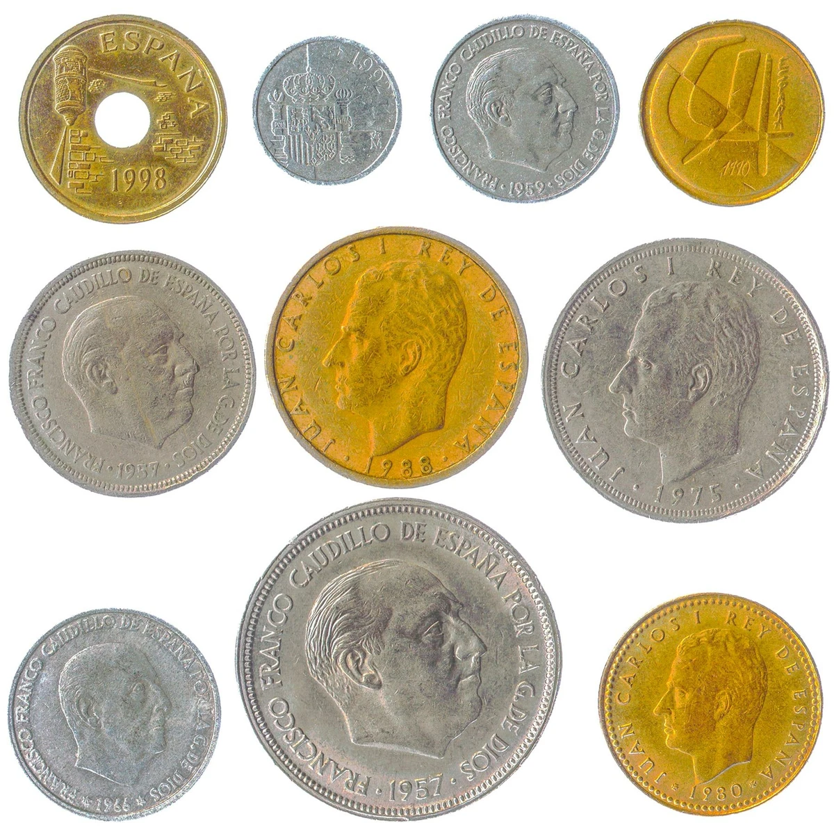ESPANA 10 SPANISH COINS MIXED OLD SPAIN MONEY PESETAS C NTIMOS