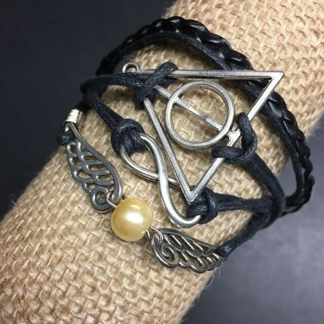 Harry Potter Bracelet Deathly Hallows Black Leather Quidditch Ball Infinity  Pear