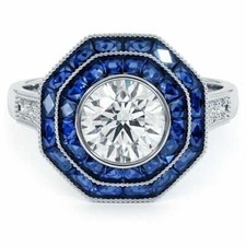 Antique Art Deco White Round Cut CZ Diamond Blue Sapphire Engagement Ring