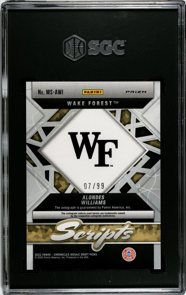 2022 Panini Chronicles DP Alondes Williams Scripts /99 SGC 10 w/10 AUTO - Image 2 of 2