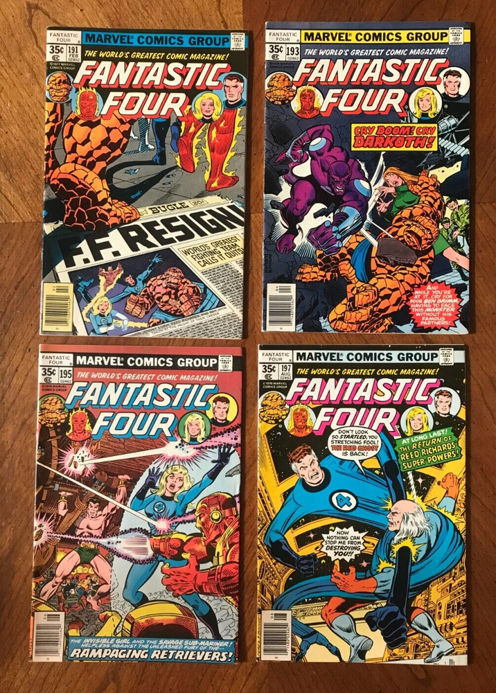 Fantastic Four lot #191 FN+, #193 FN+, $195 VF-, #197 FN/VF 1977 Marvel