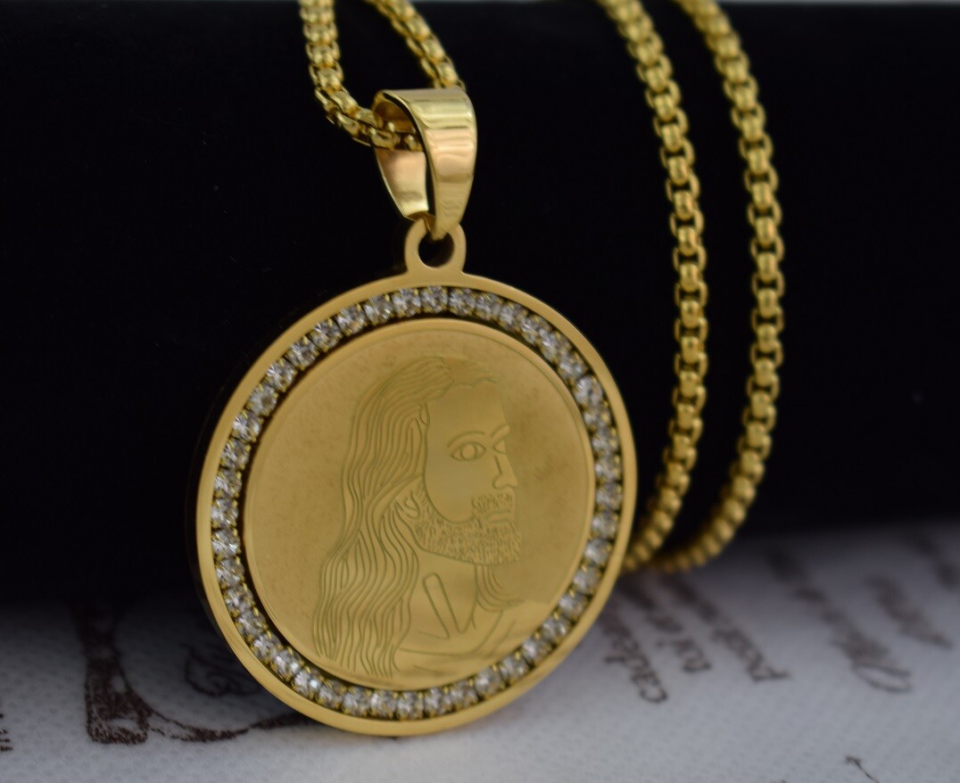 Hip Hop Fashion Stainless Steel Gold Round Jesus Piece Pendant Necklace