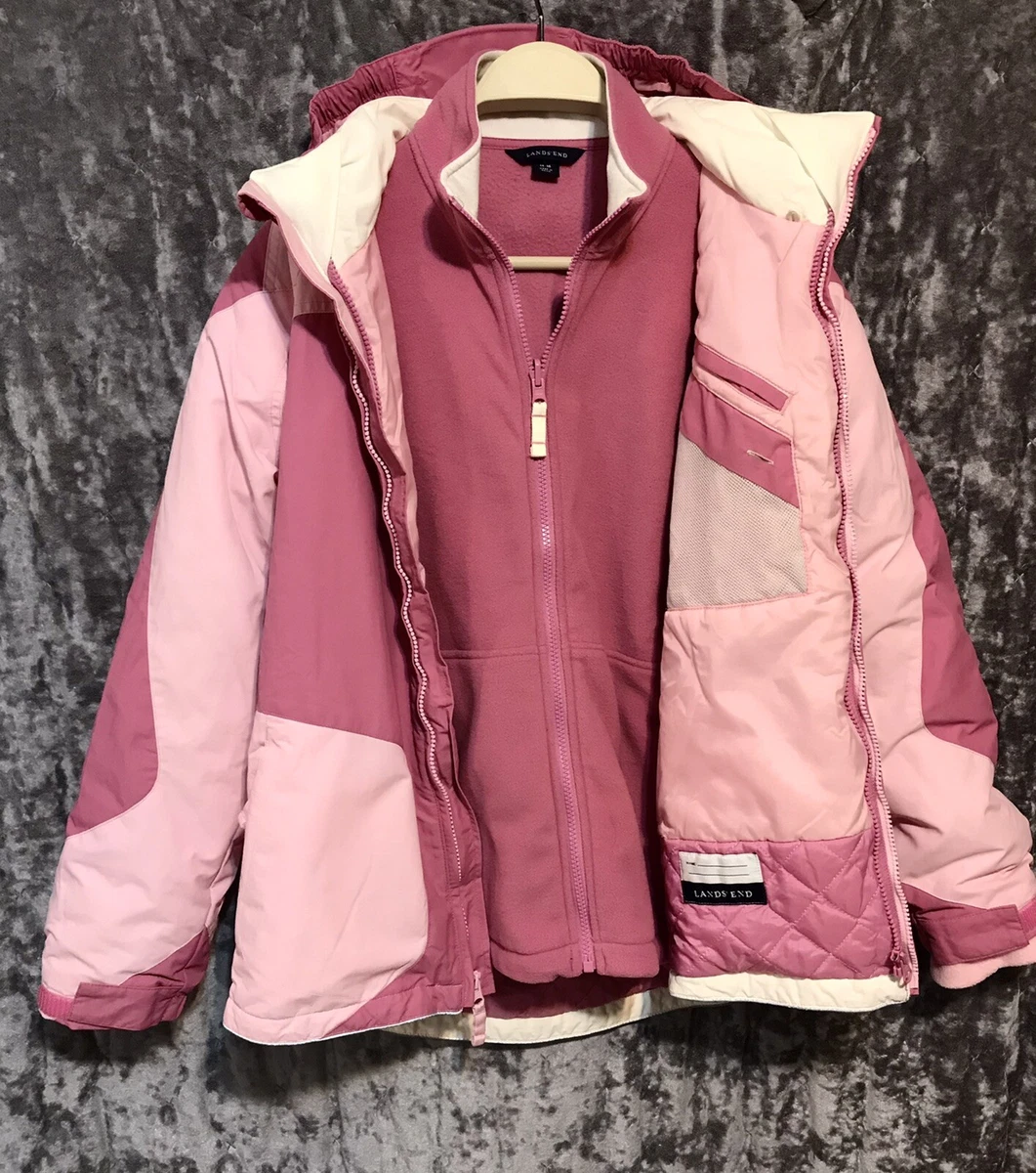 LANDS END Girls Stormer System Fleece Snow Parka Jacket 3 in 1 Coat L 14 16 Pink