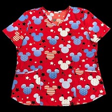 Disney Patriotic Mickey Mouse Scrub Top Womens Size Large Red White Blue Stretch