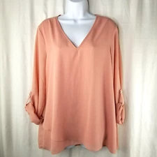 Zac & Rachel V-Neck Roll Tab Sleeve Blouse Top Women's Size L Peach Layered Hem